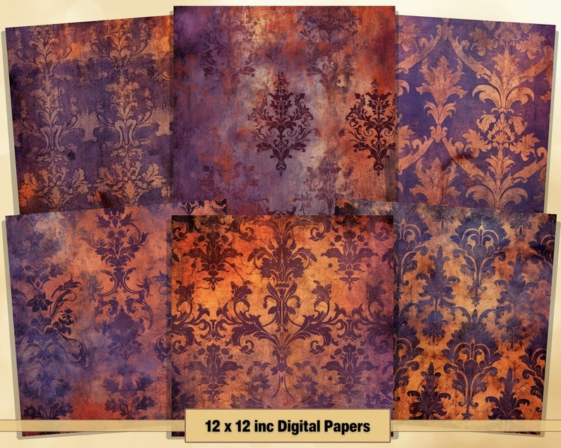 Rust Damask Texture Printable Violet & Rust Damask Digital Papers, Gothic Pages, Background ...