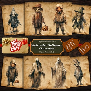 Printable Watercolor Halloween Characters Digital Papers, Horror Ephemera, Creepy Pages, Download Junk Journal, Scrapbooking, Card Making