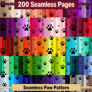 Printable 200 Seamless Paw Pattern Digital Papers, Pet Foot Rainbow Colour Page, Paw Collage Paper Pack, Download Junk Journal, Scrapbooking