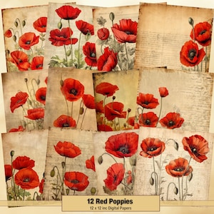 Printable Red Poppies Digital Paper, Red Poppy Pages, Vintage Background, Antique Ephemera, Download Junk Journal, Scrapbooking, Card Making