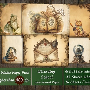 Printable Magic School Digital Paper, Book of Shadows Ephemera, Wizarding Grunge Pages, Download Junk Journal, Scrapbooking, Card Making