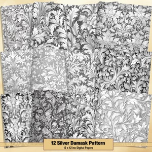 Printable Silver Damask Pattern Digital Papers, Damask Overlays Page, Background, Ephemera, Download Junk Journal, Scrapbooking, Card Making