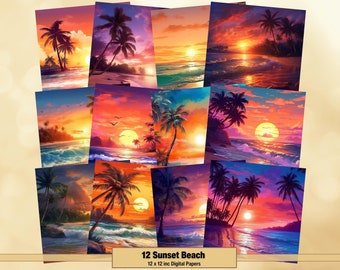Printable Sunset Beach Digital Papers, Summer Beach Pages, Ocean Palm Background, Ephemera, Download Junk Journal, Scrapbooking, Card Making