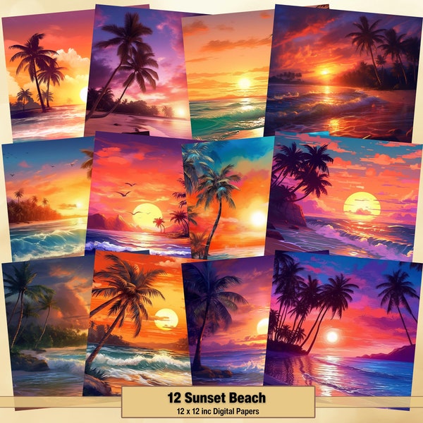 Printable Sunset Beach Digital Papers, Summer Beach Pages, Ocean Palm Background, Ephemera, Download Junk Journal, Scrapbooking, Card Making