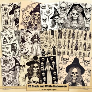 Puede incluir: Doce papeles digitales en blanco y negro con temática de Halloween. Los papeles incluyen imágenes de calaveras, brujas, murciélagos y otros elementos espeluznantes.