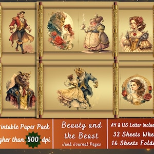 Printable Beauty and the Beast Paper, Belle Beauty Ephemera, Beauty and Beast Rose Pages, Download Junk Journal, Scrapbooking, Card Making