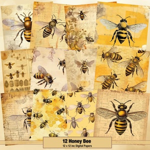 Printable Honey Bee Digital Papers, Queen Bee Pages, Vintage Beehives Background, Ephemera, Download Junk Journal, Scrapbooking, Card Making