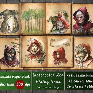 Printable Red Riding Hood Digital Paper, Fairytale Ephemera, Fairy Tail Pages, Watercolor Download Junk Journal, Scrapbooking, Card Making