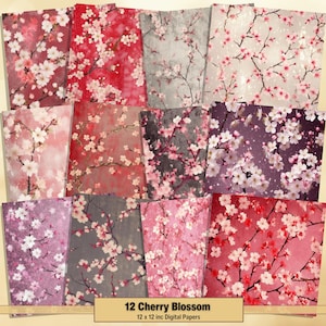 Printable Cherry Blossom Digital Papers, Sakura Pages, Floral Background, Vintage Ephemera, Download Junk Journal, Scrapbooking, Card Making