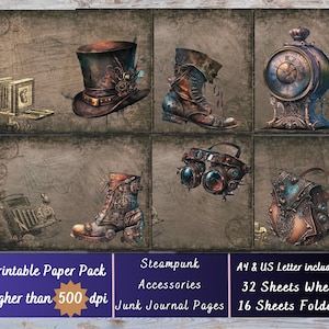 Printable Steampunk Accessories Digital Paper, Steampunk Goggles Ephemera, Victorian Pages, Download Junk Journal, Scrapbooking, Card Making