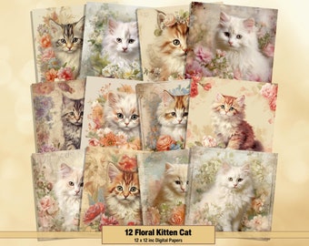 May include: Twelve digital papers featuring vintage-style illustrations of kittens with floral backgrounds. The kittens are white, gray, and orange and white. The flowers are pink, white, and yellow.