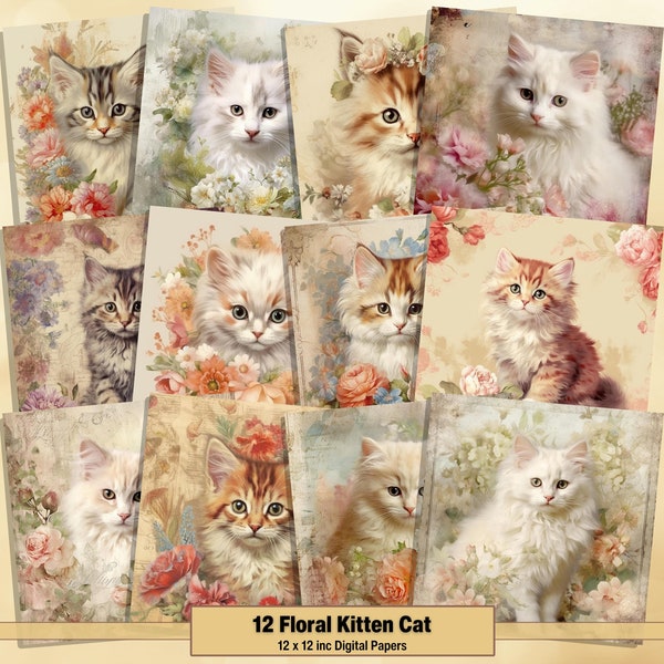 Printable Floral Kitten Digital Papers, Cute Cat Pages, Vintage Background, Pet Ephemera, Download Junk Journal, Scrapbooking, Card Making