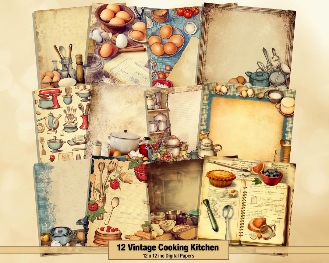 Printable Vintage Cooking Kitchen Digital Paper, Cookbook Pages ...