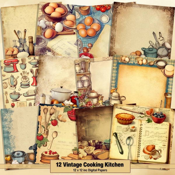 Printable Vintage Cooking Kitchen Digital Paper, Cookbook Pages, Background, Food Ephemera, Download Junk Journal, Scrapbooking, Card Making