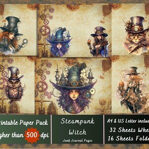 May include: Printable paper pack of 16 steampunk witch themed junk journal pages. The pages feature illustrations of witches, owls, and cats in a steampunk style. The paper pack is A4 and US Letter size and is over 500 dpi.