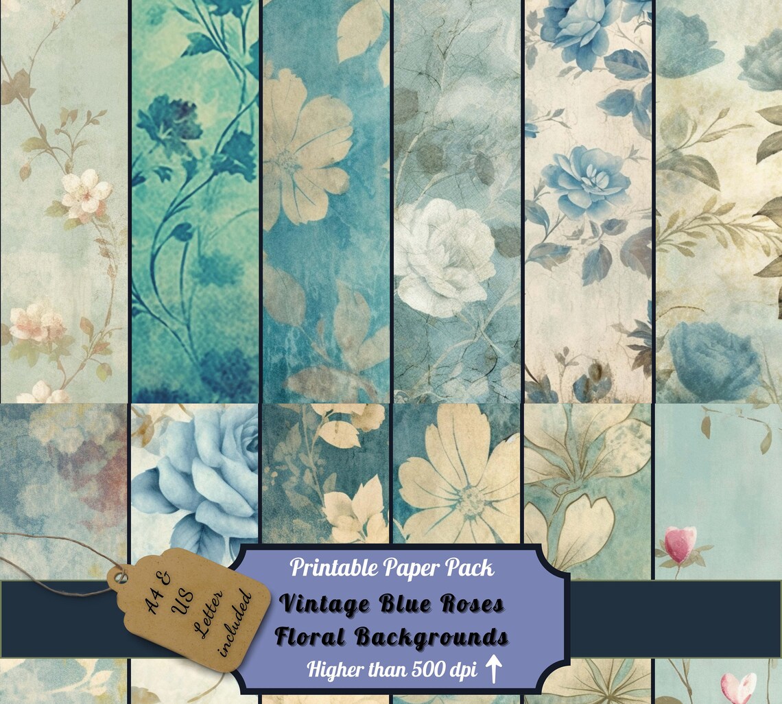 Printable Blue Floral Junk Journal Pages Kit, Vintage Roses Paper ...