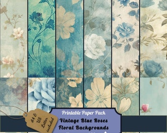 Printable Blue Floral Junk Journal Pages Kit, Vintage Roses Paper, Magical Ephemera, Digital Download, Shabby Chic Scrapbooking, Card Making