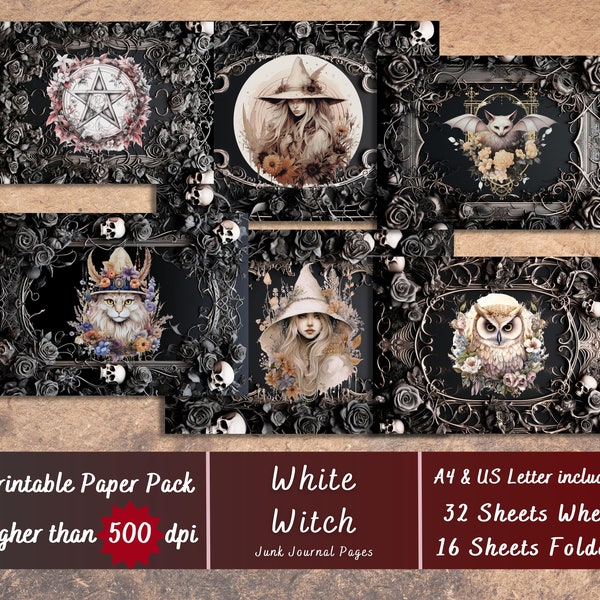 Printable White Witch Digital Paper, Gothic Skulls Ephemera, Black Roses Witchcraft Pages, Download Junk Journal, Scrapbooking, Card Making