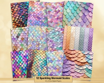 May include: Twelve digital papers featuring iridescent mermaid scale patterns in various colors, including purple, blue, green, and pink. The papers are 12 x 12 inches.