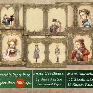 Printable Emma by Jane Austen Digital Paper, Victorian Era Ephemera, Emma Woodhouse Pages, Download Junk Journal, Scrapbooking, Card Making