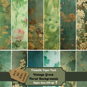 Printable Green Floral Junk Journal Pages Kit, Vintage Rose Paper, Magical Ephemera, Digital Download, Shabby Chic Scrapbooking, Card Making