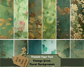 Printable Green Floral Junk Journal Pages Kit, Vintage Rose Paper, Magical Ephemera, Digital Download, Shabby Chic Scrapbooking, Card Making