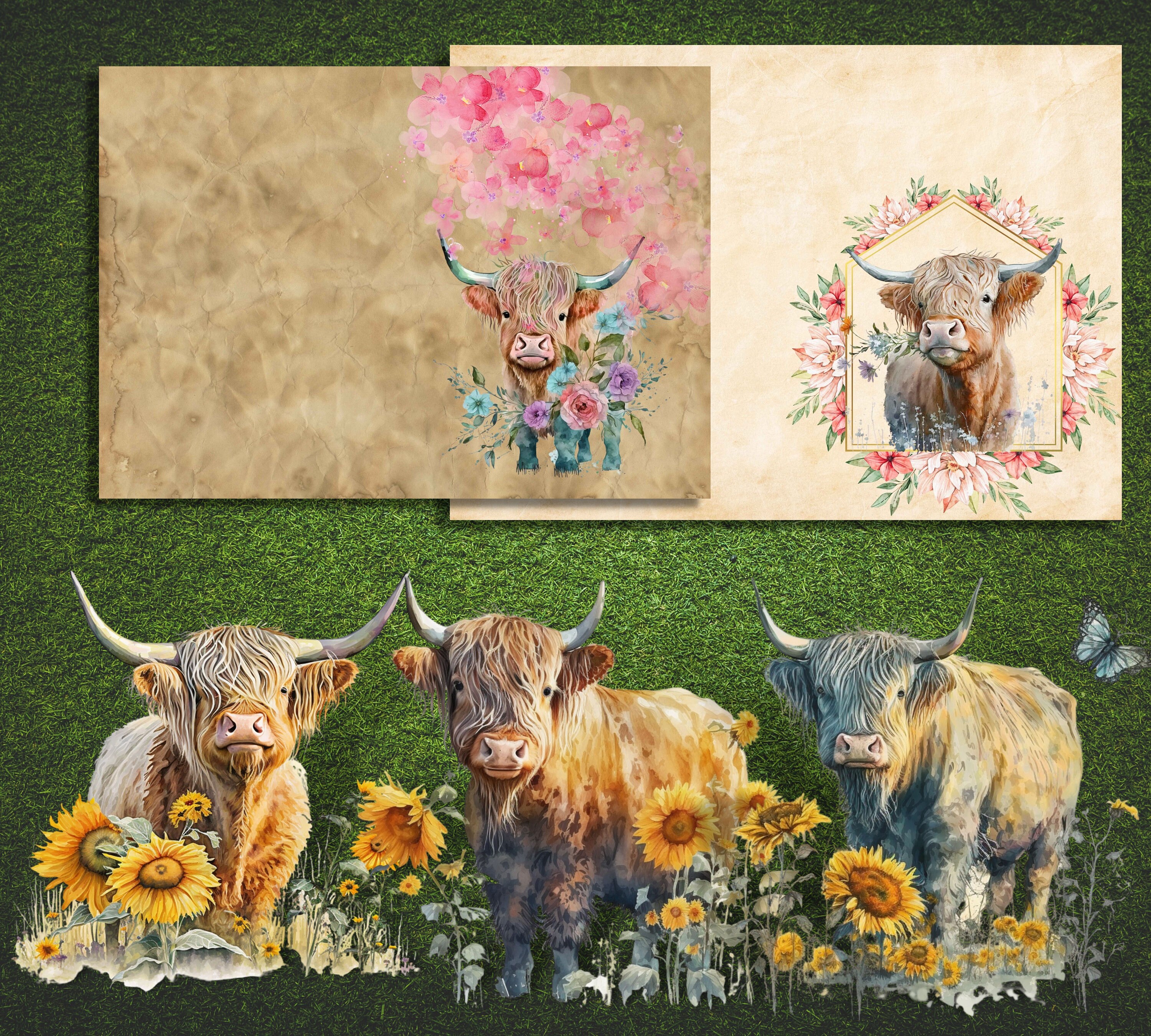 Printable Floral Highland Cow Digital Paper, Vintage Ephemera ...
