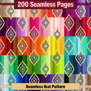 May include: A collection of 200 seamless ikat patterns in various colors. The patterns feature a diamond shape with a striped background.