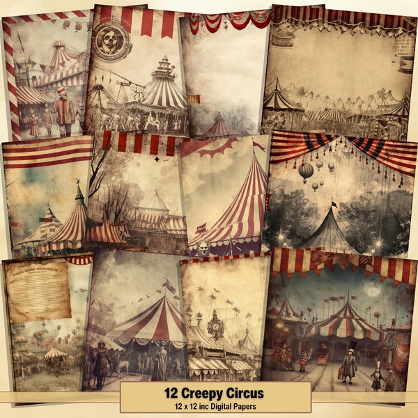 Printable Creepy Circus Digital Papers, Scary Carnival Pages, Background, Vintage Ephemera, Download Junk Journal, Scrapbooking, Card Making