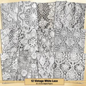 Printable White Lace Digital Papers, Lace Page, Distressed Background, Vintage Ephemera, Download Junk Journal, Scrapbooking, Card Making