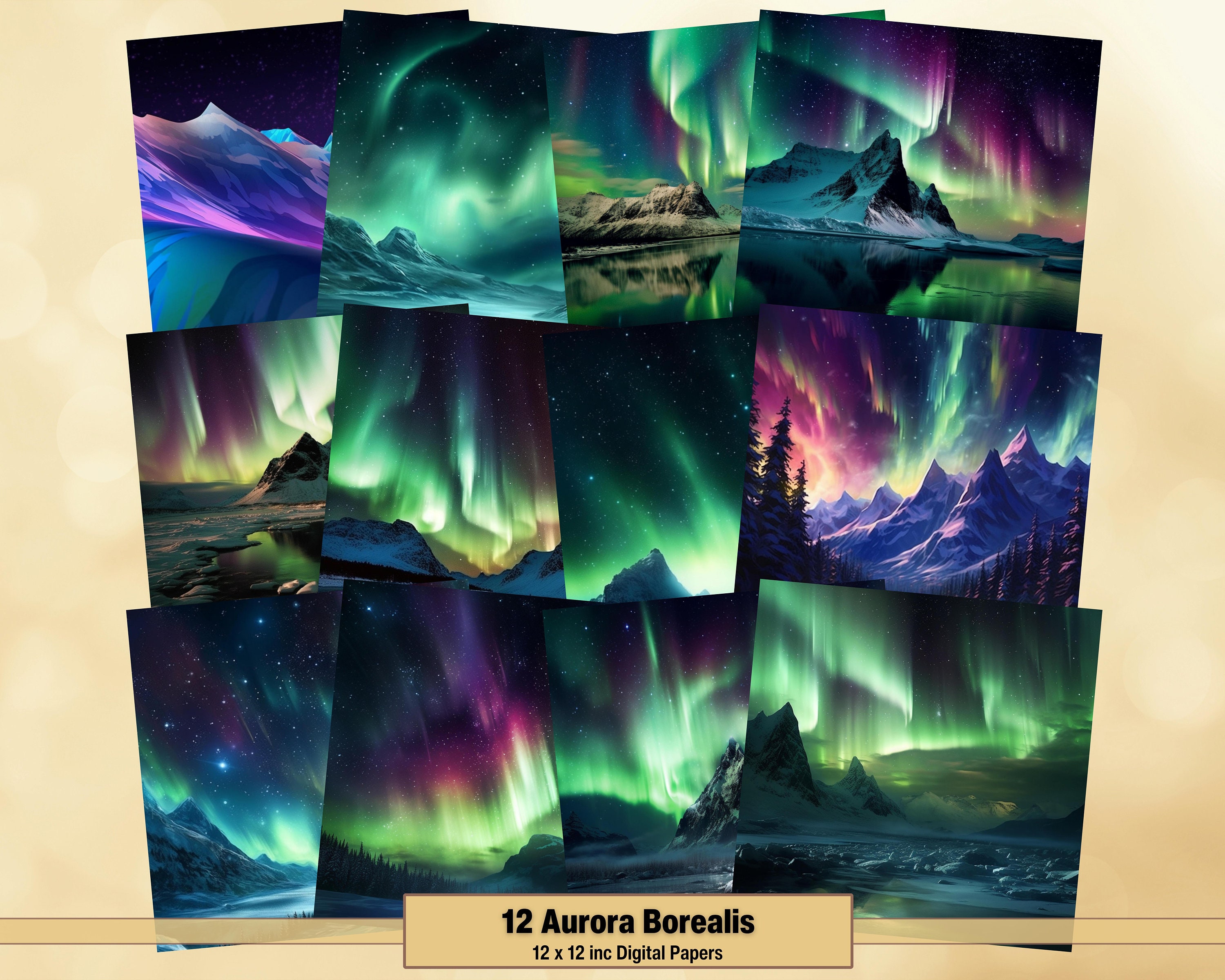 Printable Aurora Borealis Digital Paper, Northern Lights Pages, Sky Background, Ephemera, Download Junk Journal, Scrapbooking, Card Making