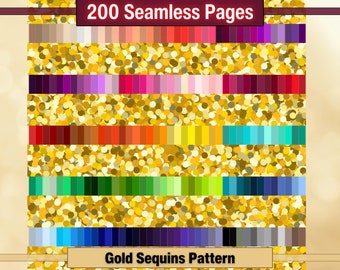 May include: 200 seamless pages of gold sequin patterns in various colours. The colours are arranged in rows, with each row containing a different colour. The colours include red, orange, yellow, green, blue, purple, pink, and brown.