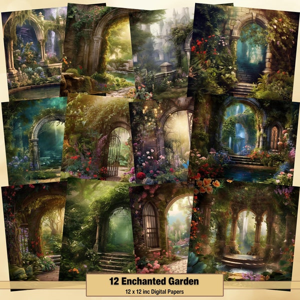 Printable Enchanted Garden Digital Paper, Magical Garden Pages, Background, Fairy Ephemera, Download Junk Journal, Scrapbooking, Card Making