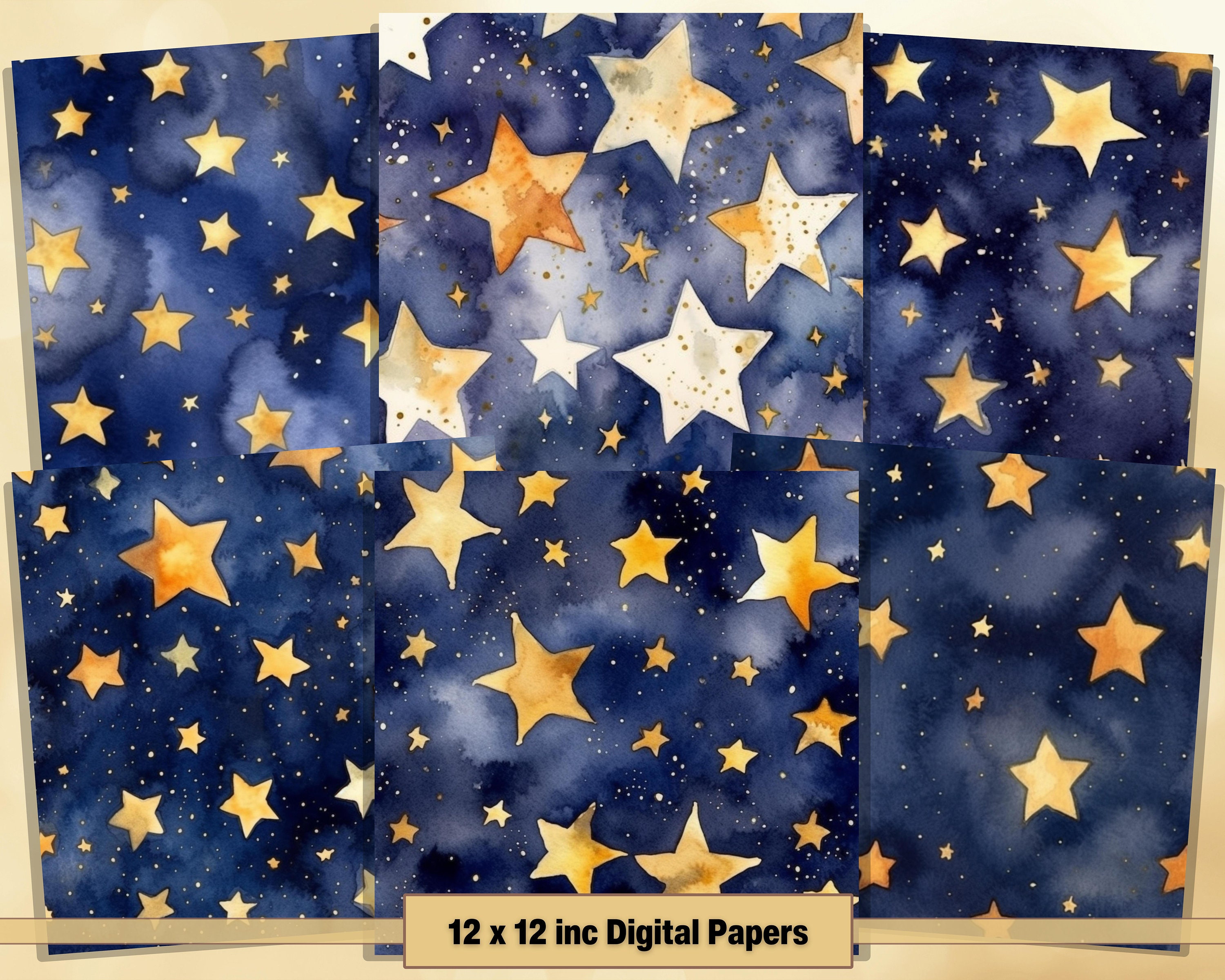 Printable Watercolor Starry Night Digital Papers, Celestial Pages ...