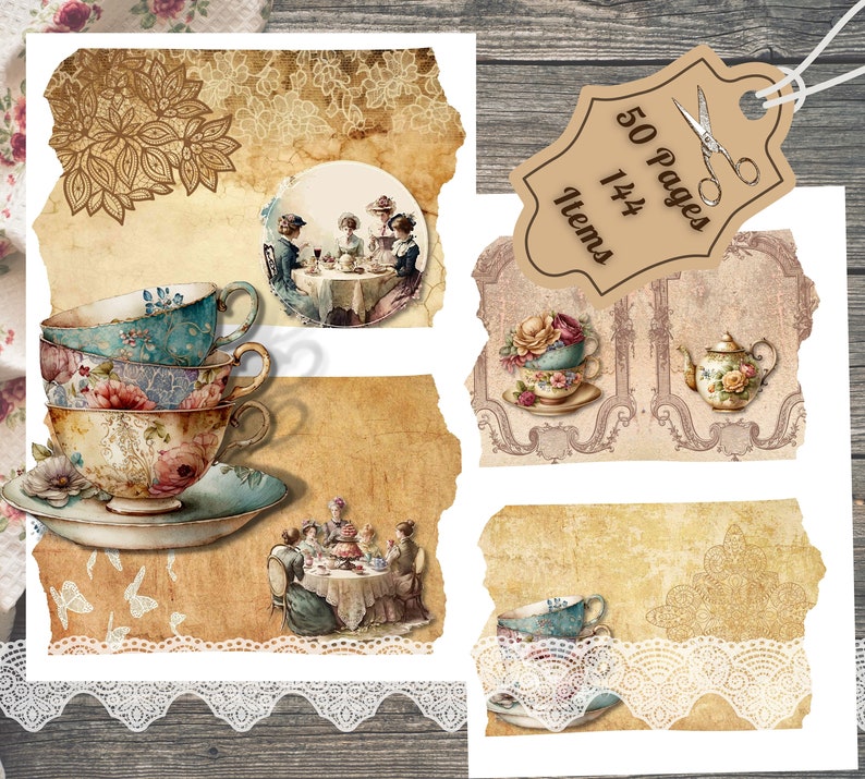 Printable Victorian Tea Party Junk Journal Page and Fussy Cuts Kit