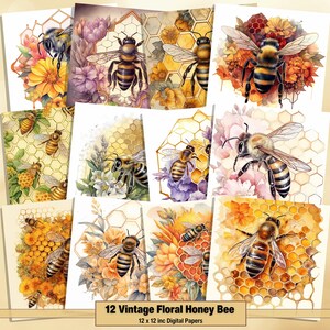 May include: Twelve digital papers featuring vintage floral designs with honey bees and honeycomb patterns. The papers are 12 x 12 inches.
