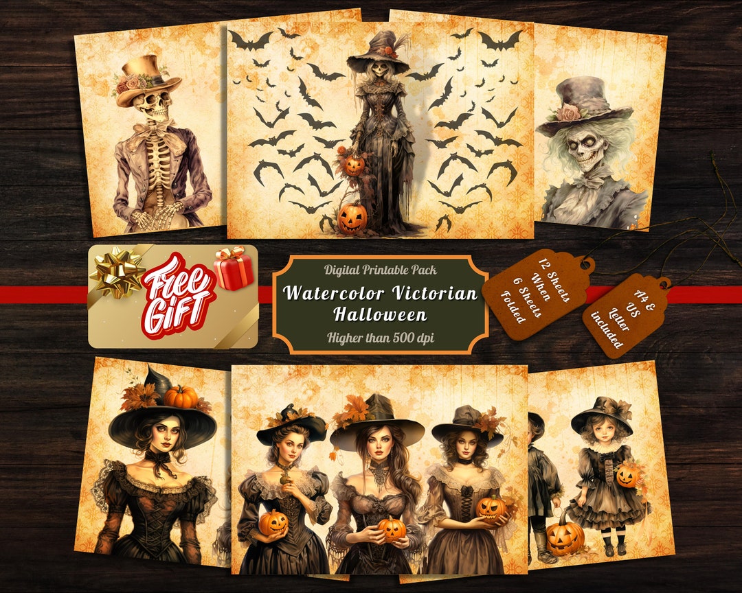 Printable Watercolor Victorian Halloween Digital Papers, Gothic ...