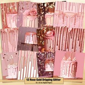 Printable Rose Gold Dripping Glitter Digital Papers, Pink Drips Page, Background, Ephemera, Download Junk Journal, Scrapbooking, Card Making