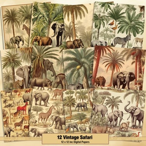 Printable Vintage Safari Digital Papers, African Animals Pages, Background, Ephemera, Download Junk Journal, Scrapbooking, Card Making
