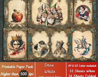 Printable Snow White And The Seven Dwarfs Paper, Fairy Tail Ephemera, Fairy Tale Pages, Download Junk Journal, Scrapbooking, Card Making