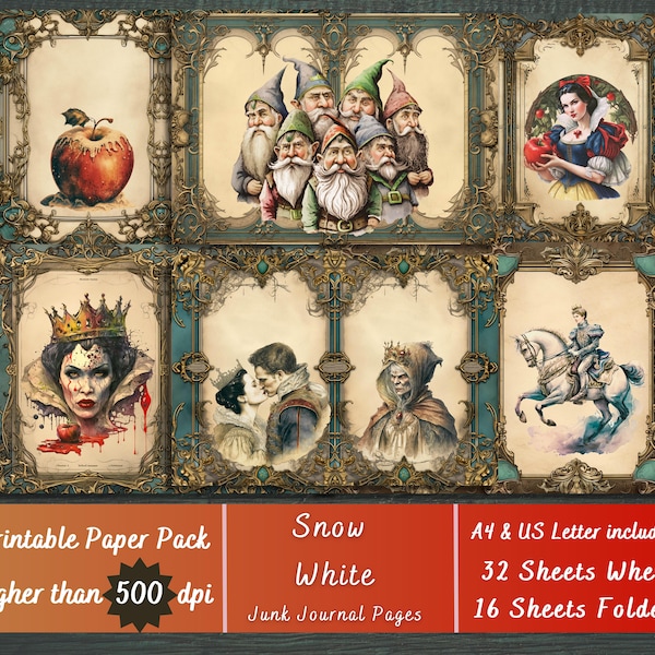 Printable Snow White And The Seven Dwarfs Paper, Fairy Tail Ephemera, Fairy Tale Pages, Download Junk Journal, Scrapbooking, Card Making