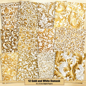Printable Gold and White Damask Digital Papers, Gold Patterns Pages, Background, Ephemera, Download Junk Journal, Scrapbooking, Card Making