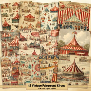 Printable Vintage Fairground Circus Digital Papers, Circus Page, Background, Ephemera, Download Junk Journal, Scrapbooking, Card Making