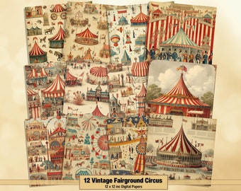 Printable Vintage Fairground Circus Digital Papers, Circus Page, Background, Ephemera, Download Junk Journal, Scrapbooking, Card Making