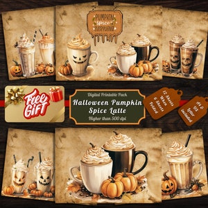 Printable Halloween Pumpkin Spice Latte Digital Paper, Halloween Ephemera, Spooky Drink Pages, Download Junk Journal, Scrapbook, Card Making
