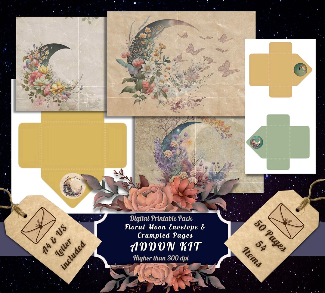 Printable Floral Moon Junk Journal Pages and Envelopes Kit, Vintage ...