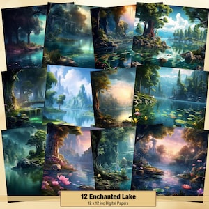 Printable Enchanted Lake Digital Papers, Forest Lake Pages, Landscape Background, Ephemera, Download Junk Journal, Scrapbooking, Card Making