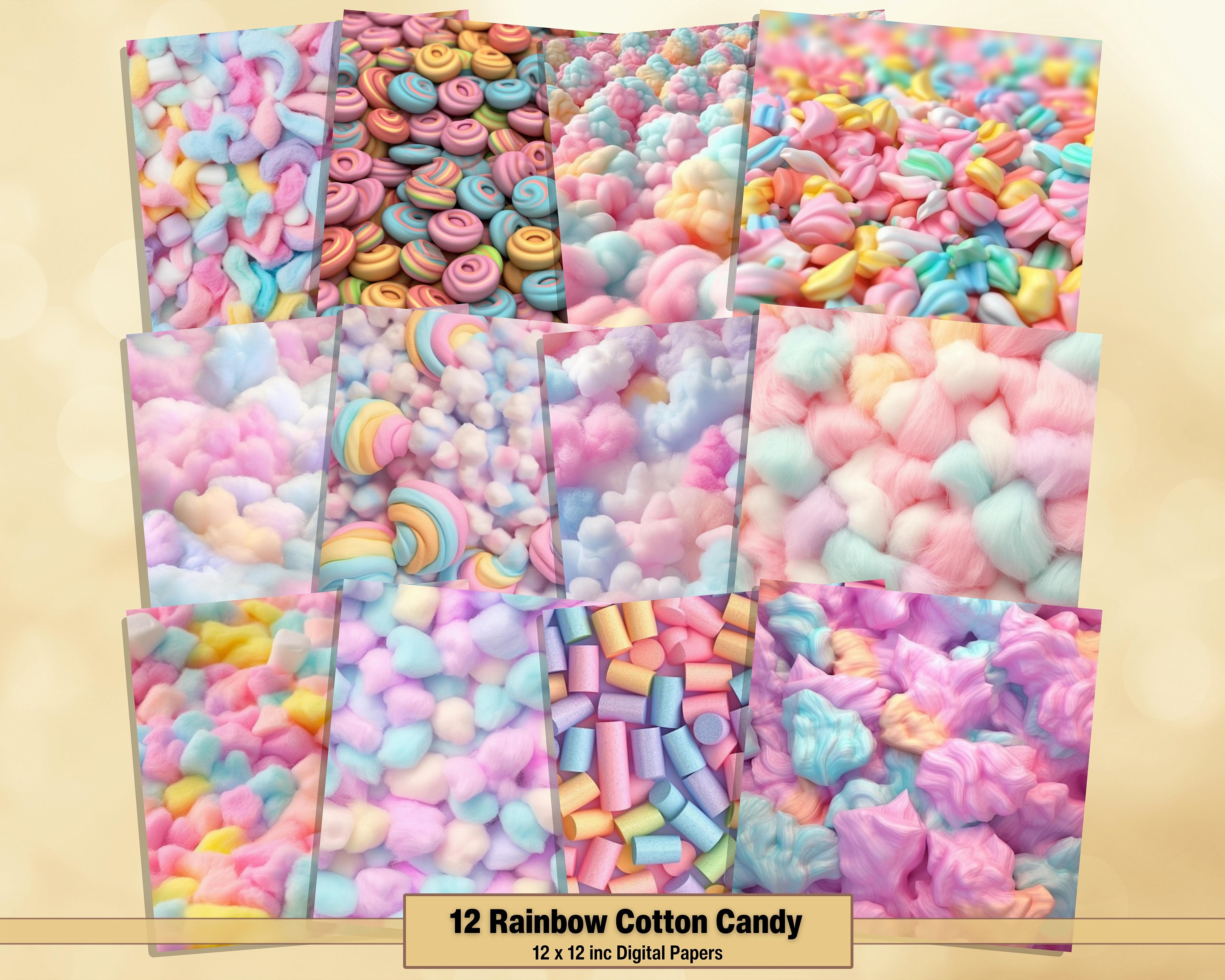 Printable Rainbow Cotton Candy Digital Papers, Cloud Textures Pages
