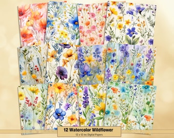 Printable Watercolor Wildflower Digital Papers, Flower Pages, Background, Vintage Ephemera, Download Junk Journal, Scrapbooking, Card Making