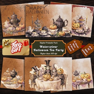 Printable Watercolour Halloween Tea Party Digital Papers, Tea Time Ephemera, Pumpkin Tea Page, Download Junk Journal, Scrapbook, Card Making